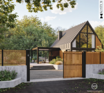 Ambiance 3D d'un portail imitation bois Kostum devant une maison &agrave; pignon entour&eacute;e d'une for&ecirc;t
