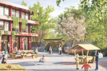 Ambiance 3D d'une cour d'école avec le mobilier bois Skol'R de Mobextan