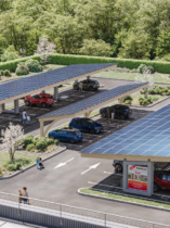 Rendu 3D aérien d'ombrières photovoltaïques sur un parking