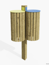 Packshot 3D d'une poubelle de tri double en bois, gamme Skol'R