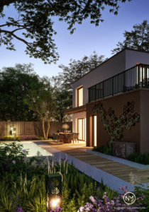 Ambiance 3D nocturne d’un jardin éclairé avec des spots ainsi que la lumière provenant de la maison contemporaine