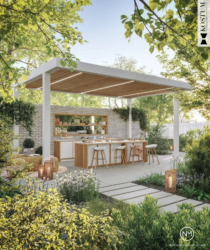 Mise en situation d'une pergola aluminium et de sa cuisine extérieur pour la marque Kostum.