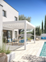 Ambiance 3D d’une pergola aluminium ral 9016, accolée à une maison contemporaine du sud de la France