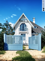 Ambiance 3D d'un portail devant une maison pas très loin de la mer.